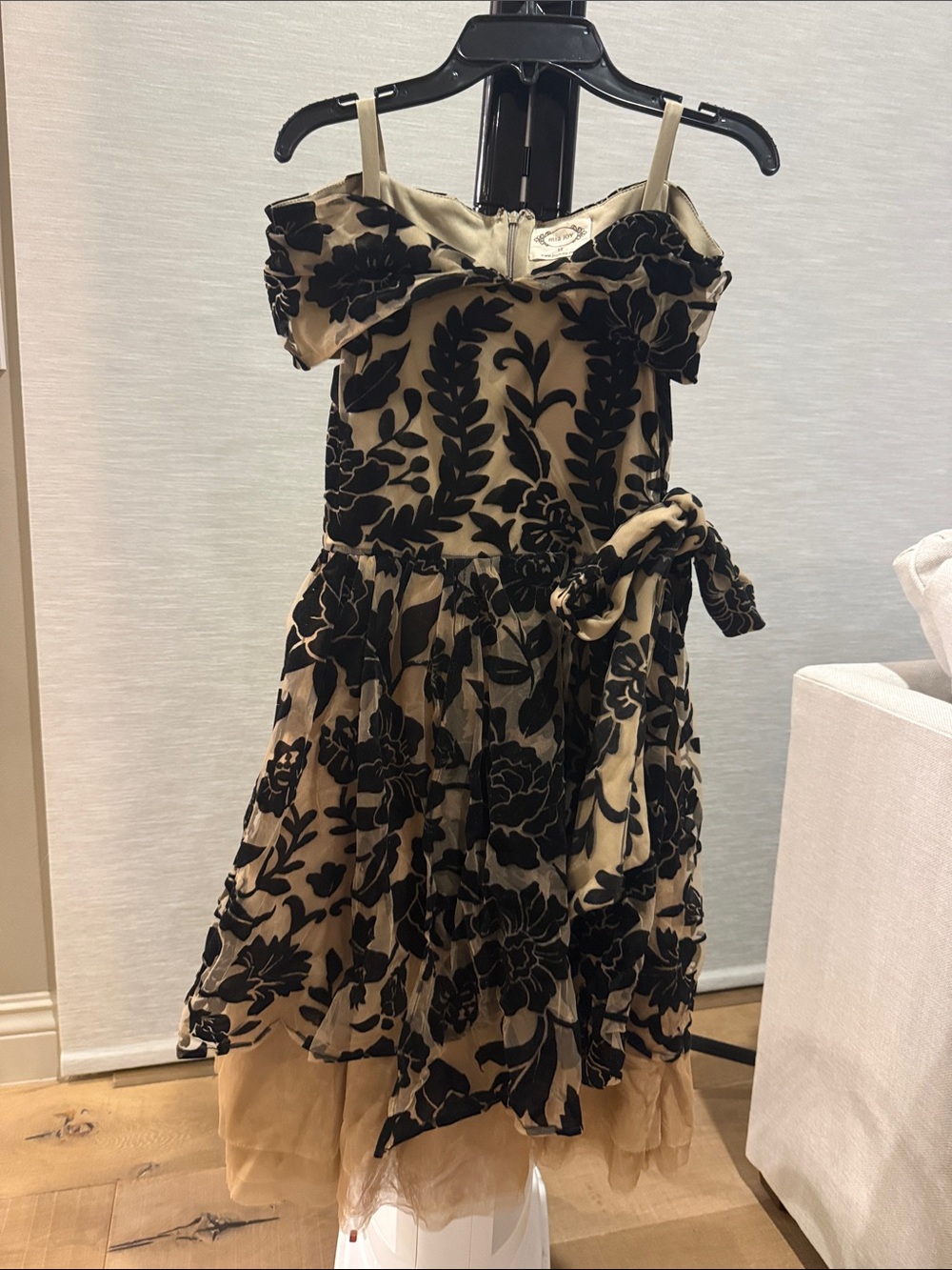 Joyfolie Beige Dress with Black Floral Velvet Appliqué